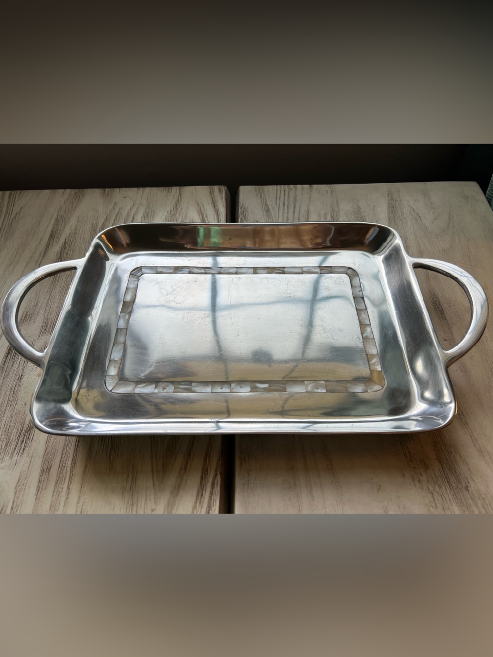 Towle Mother of Pearl Aluminum Serving Tray Handles Vintage 15”